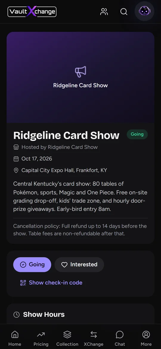 Collector view of Ridgeline Card Show with Going and Interested buttons