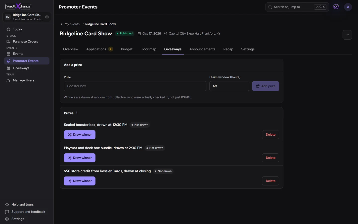 Event giveaway prizes drawn from collectors who checked in