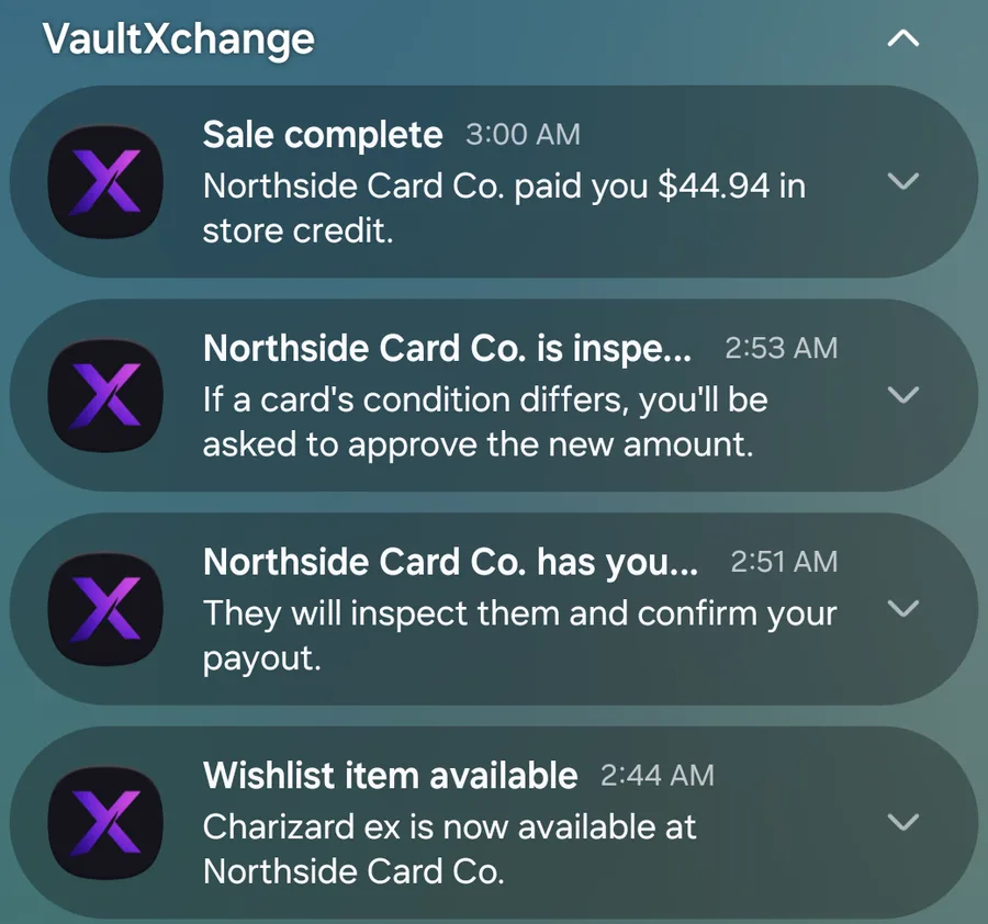 Four real VaultXchange notifications: wishlist item available, the shop has your cards, inspecting, sale complete