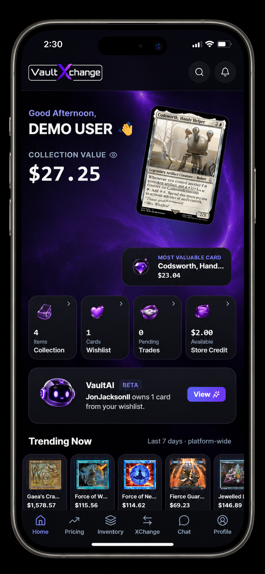 VaultXchange collector app home screen showing collection value and trending cards