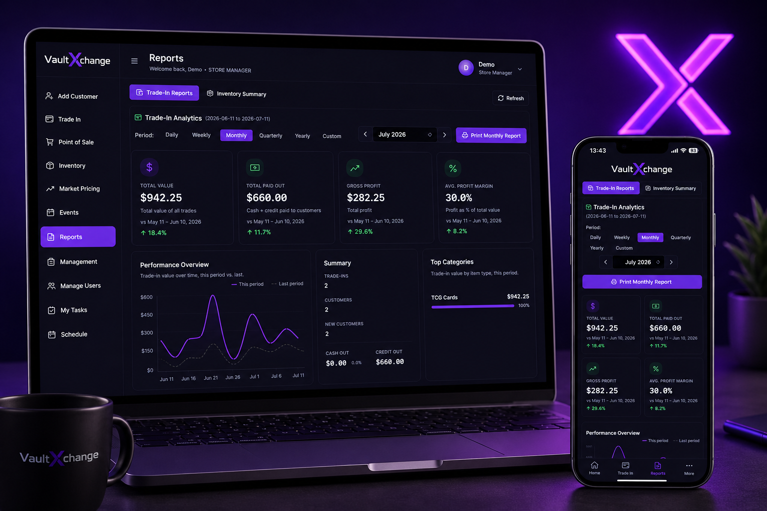 VaultXchange reports dashboard on laptop and phone